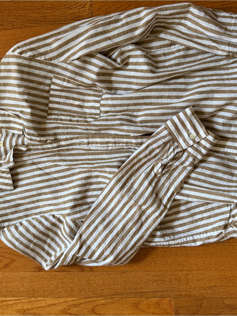 Sezane Beige and White Striped Button-Down Shirt